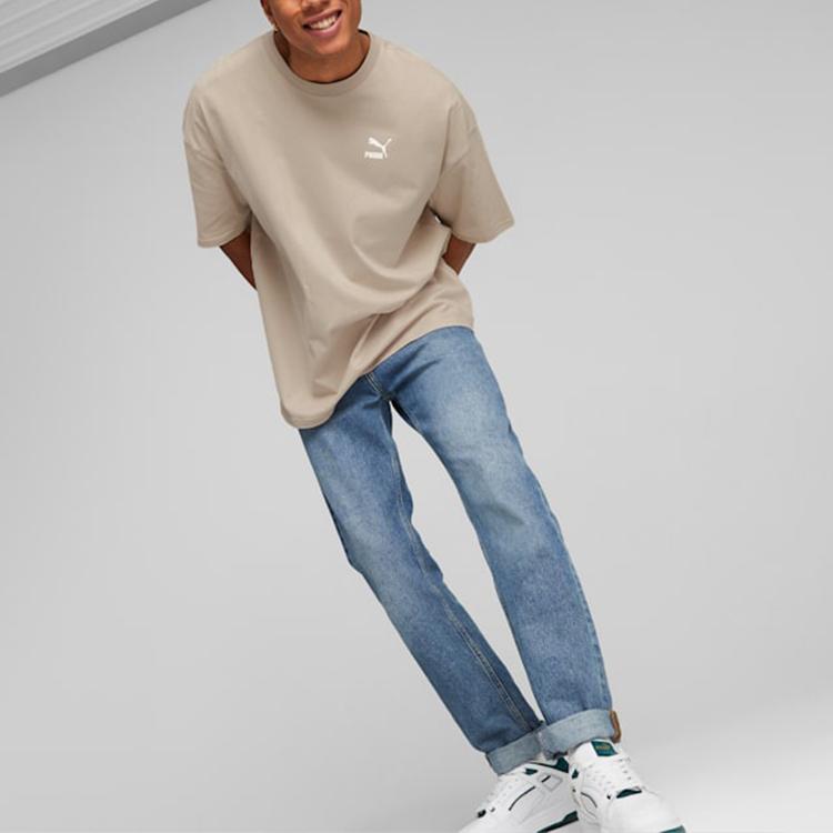 Puma Solid Color Logo Casual Round Neck Short Sleeve T-Shirt Men Tops Brown 538070-88