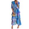 Women's Summer Chiffon Dress Printed Short Sleeve V Neck Flowy Maxi Dress Loose Layered Ruffle Lace-Up Long Dress