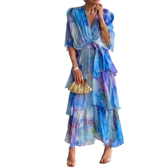 Women's Summer Chiffon Dress Printed Short Sleeve V Neck Flowy Maxi Dress Loose Layered Ruffle Lace-Up Long Dress