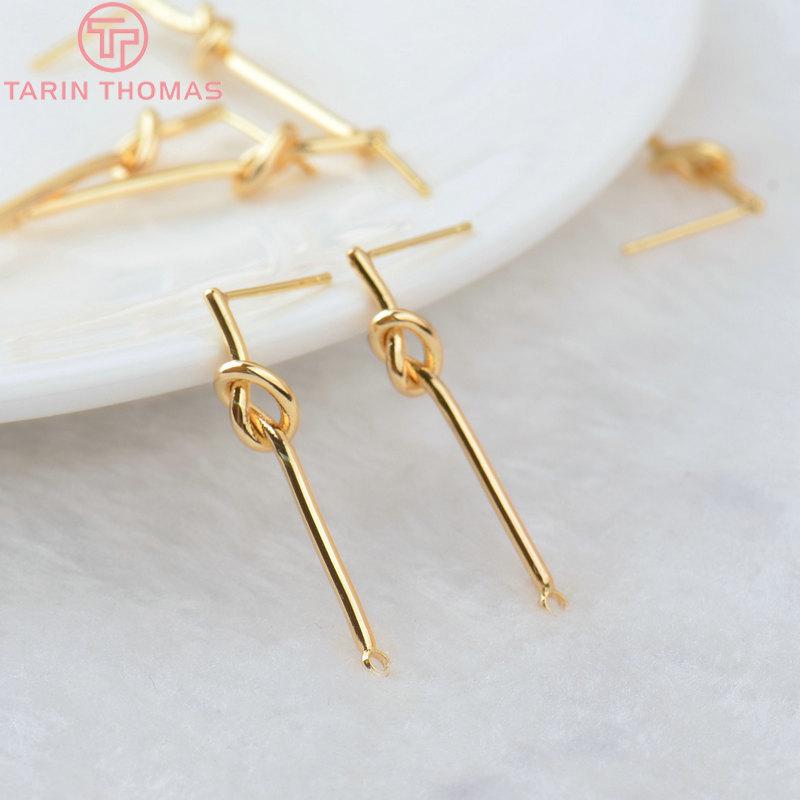 (3781)4PCS 27MM 35MM 24K Gold Color Plated Brass Long Line with Knot Stud Earrings High Quality DIY Jewelry Making Findings