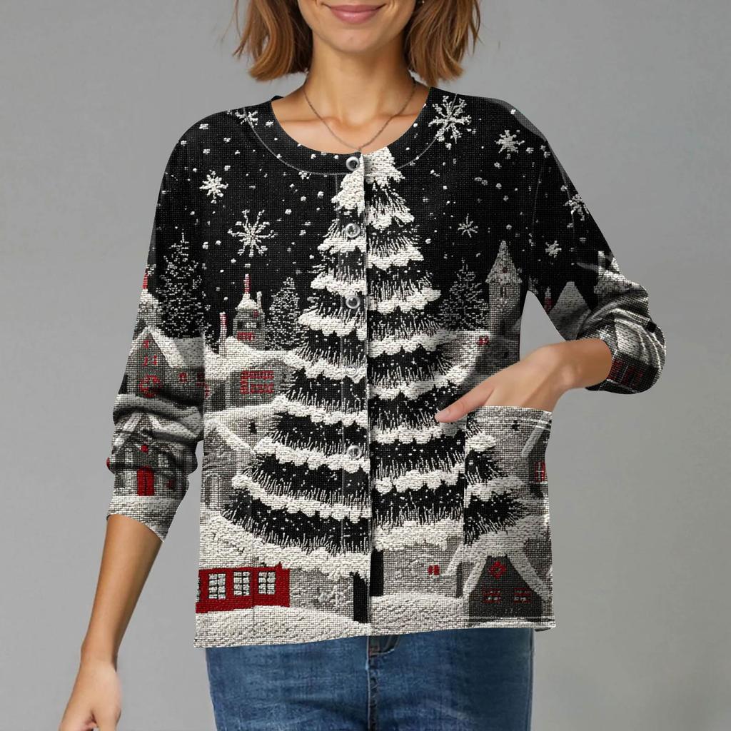 Женский повседневный кардиган на одной пуговице с длинным рукавом и принтом на рождественскую тематику