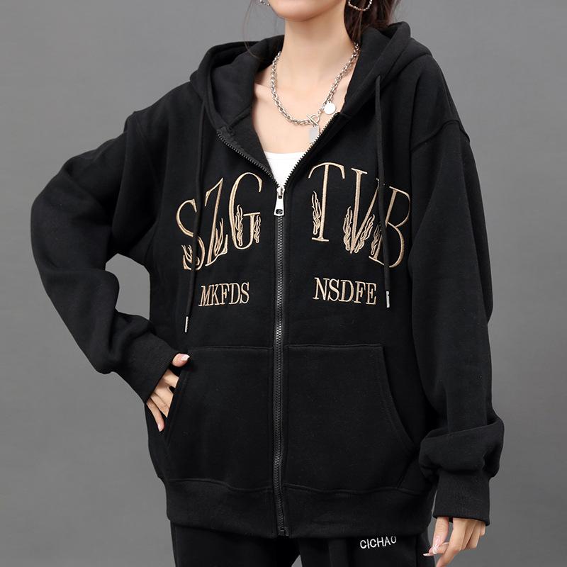 Осень и зима, новый утолщенный плюс бархат свободный модный свитшот для женщин, вышитый утолщенный свитшот с капюшоном на молнии для женщин