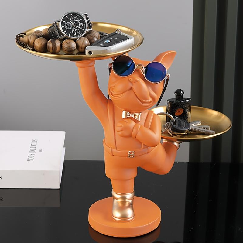 Статуя собаки из смолы, декор для комнаты, скульптура дворецкого с 2 лотками для хранения, фигурка французского бульдога, украшение для дома, украшения для стола