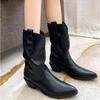 New Style Women's High Heels Mid Calf Pleated Boots for Women Winter Brown Leather Western Boot Woman Thick Heeled Cowgirl Boots