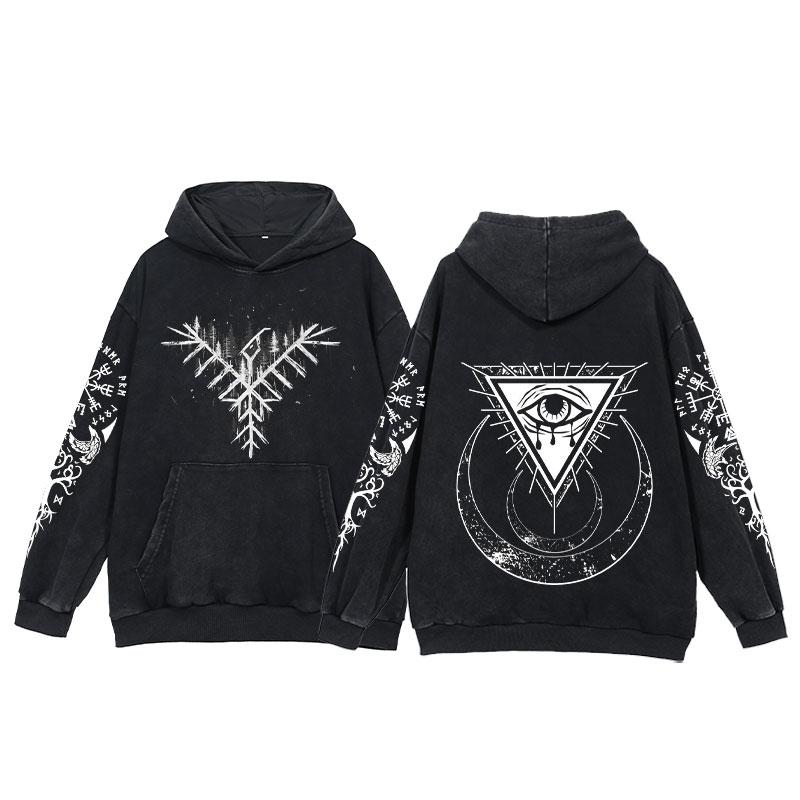 2024 Viking Hoodies Men Tattoo Print Acid Wash Hoodie Cotton Loose Long Sleeve Pullover Vintage Oversized Casual Hooded Sweatshi