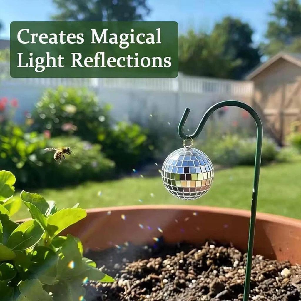 Set of garden stakes with disco balls in three sizes, mini mirrored ball plant hangers with green hooks, silver reflective disco ball decorations,