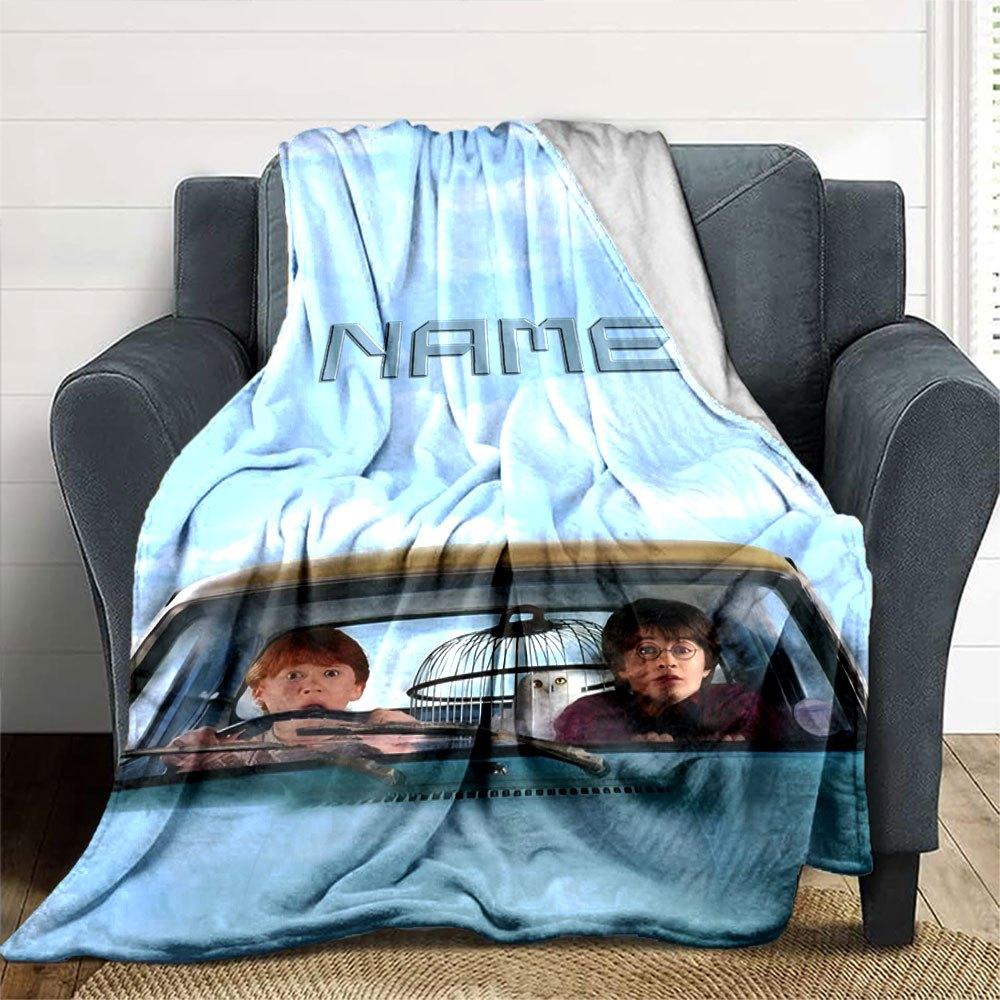 Two Boys In A Flying Car With A Birdcage Against A Sky Background Cozy Personalized Blanket Customize Your Name Comfortable Texture Versatile For Sofa