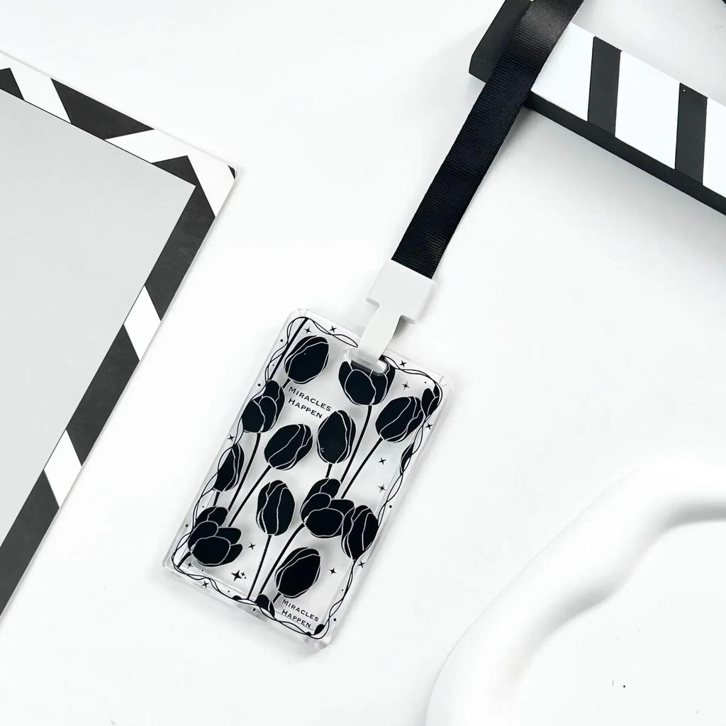 Чехол для карт с черным цветком, прозрачный держатель для студенческой карты, чехол для карты контроля доступа, чехол для карты на пружине, держатель для удостоверения личности