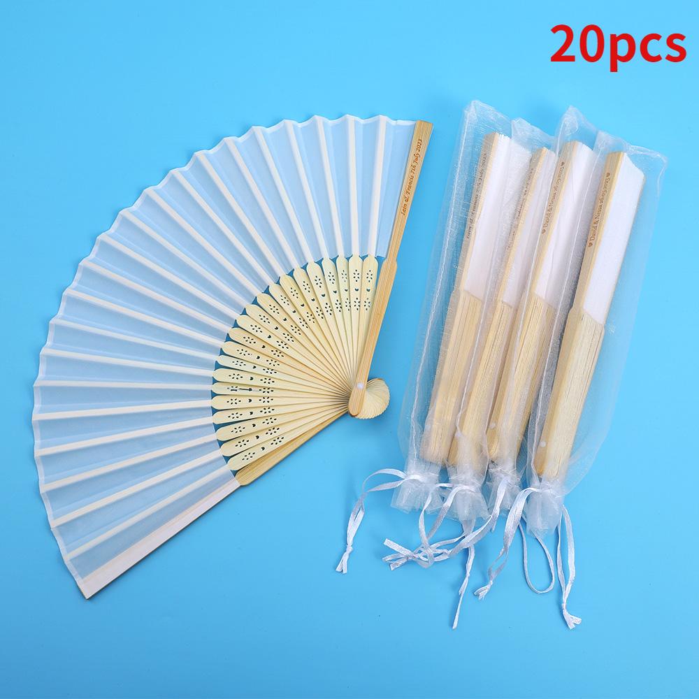 20/70 шт. персонализированный гравированный белый складной элегантный шелковый веер с подарочным пакетом свадебные сувениры