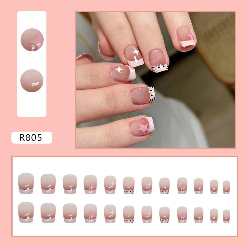 24 Pieces Pink French Cute Gradual Change Cat Manicure Short Ballet Nail Niche Sweet Girl Fake Nails