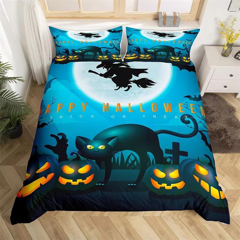 Детский набор пододеяльника с тыквенным фонарем Твин Кинг Хэллоуин Постельное белье Набор из микрофибры Ведьма Мистика Кладбище Принт Пододеяльник