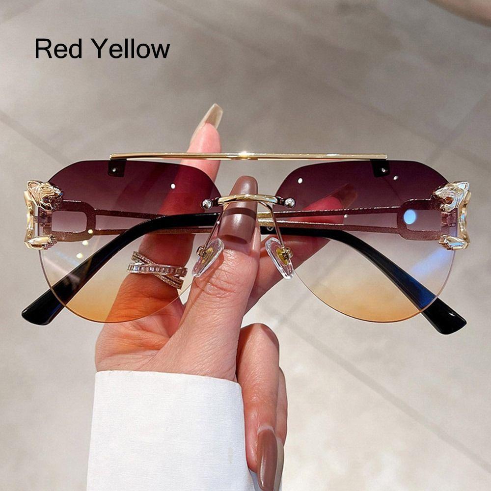 Fashion Rimless Cheetah Decor Sunglasses Gradient Uv400 Double Bridge Sun Glasses Eyewear For Women & Men