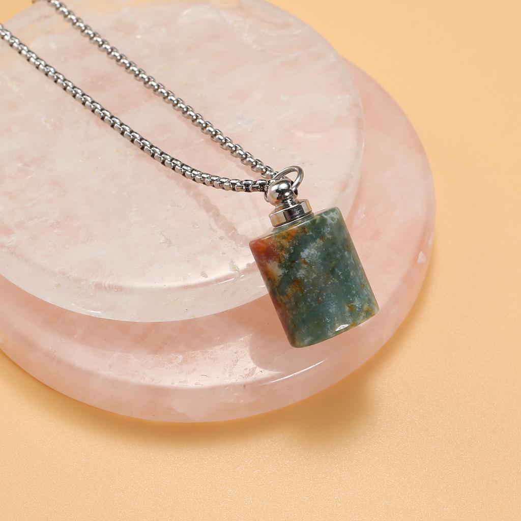 1Pc Healing Crystal Perfume Bottle Necklace Pendant Flat Cylinder Charm Silver Chain Necklaces for Women Jewellery 30x18mm