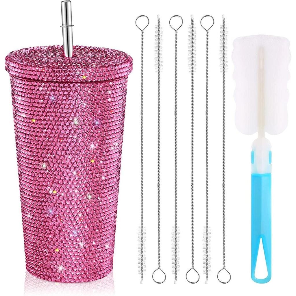 Стакан с шипами и бриллиантами Блестящая бутылка для воды с крышкой Термостакан для соломинки Стакан со стразами и 1 кисточкой для чашки 6 кисточек для соломы
