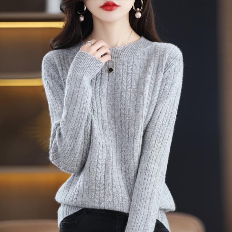 Fashion All Match Fried Dough Twists Sweater Women's Solid Round Neck Knitted Pullover Top