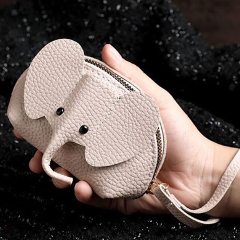 Exquisite Elephant Print PU Leather Money Bag for Women; Coin Purse with Key Ring and Zipper Pocket