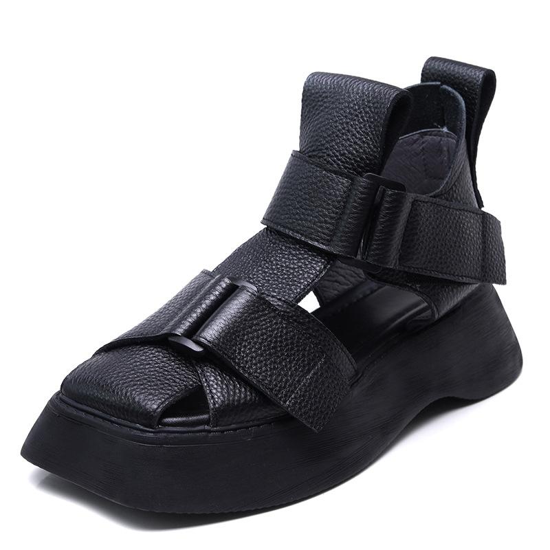 Johnature Square Toe Platform Sandals Vintage Genuine Leather Thick Soled Women's Summer Boots