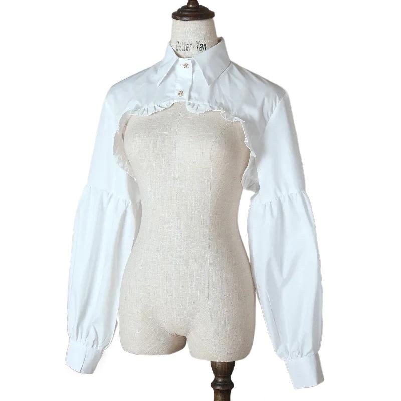 Medieval Steampunk Gothic Lolita Lantern Sleeve Ruffles Short Shawl Vintage Palace Blouse Women Victorian Crop Top Fake Collar