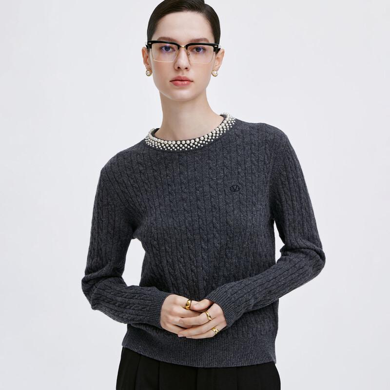 GIOVANNI VALENTINO Women's Beaded 100% Wool Crew Neck Sweater