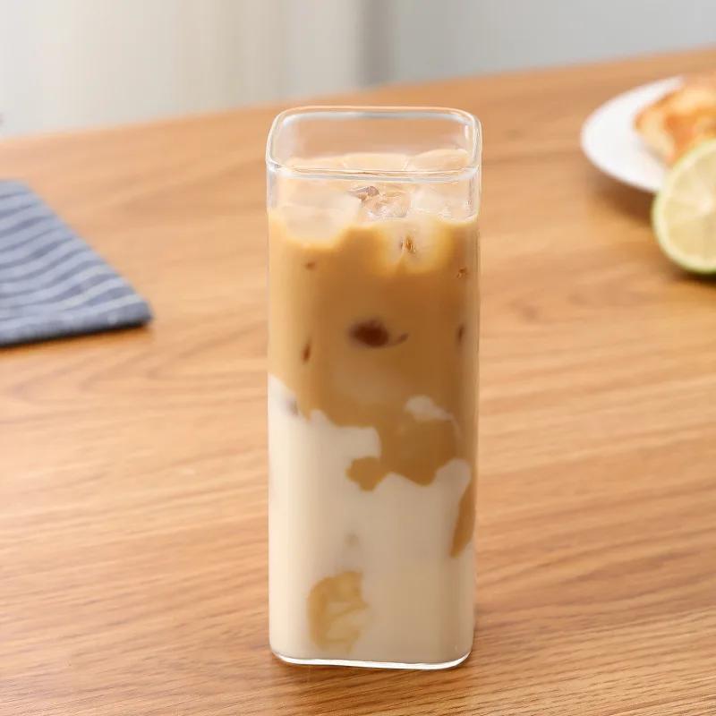 Квадратная термостойкая прозрачная стеклянная кружка для кофе, молока, чая, сока, стакан для воды с крышкой и соломинкой, кофейная чашка, кружка для напитков