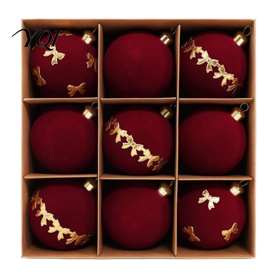 Luxury Christmas Tree Bulbs 9Pcs Flocked Ball Ornaments, Burgundy Velvet Balls with Gold Retro Party Supplies Embroidery, Hanging Decor for