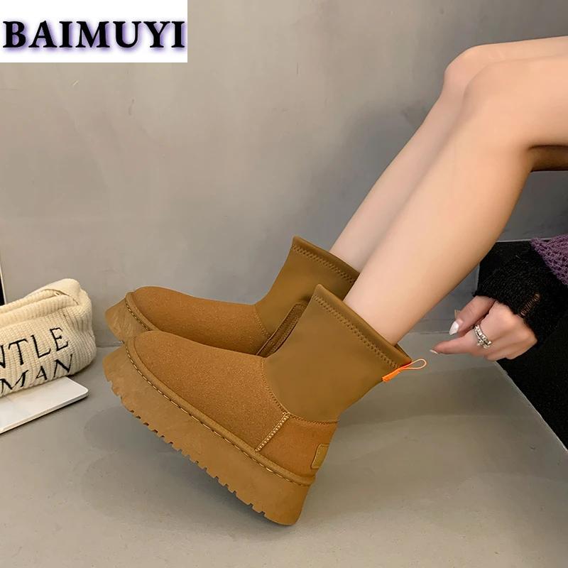 Женские платформенные балетки Зимние сапоги Мех Теплые хлопковые туфли Замшевые ботильоны Зимние плюшевые Женские 2025 Тренд Бренд Кожа Готические Ботинки Женские