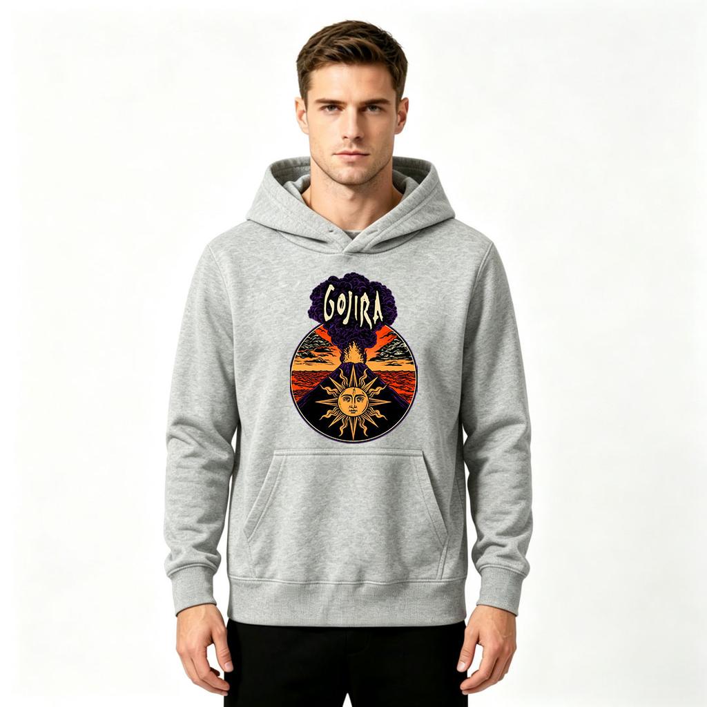 Men's Retro Volcano Sun Face Print Pullover Hoodie Casual Long Sleeve Warm Hooded Sweatshirt
