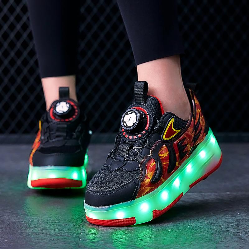 ДЕТСКАЯ четырехколесная зарядная обувь на плоской подошве, обувь со светодиодной лампой, обувь для бегунов, спортивная обувь для катания на роликовых коньках, коньки для девочек