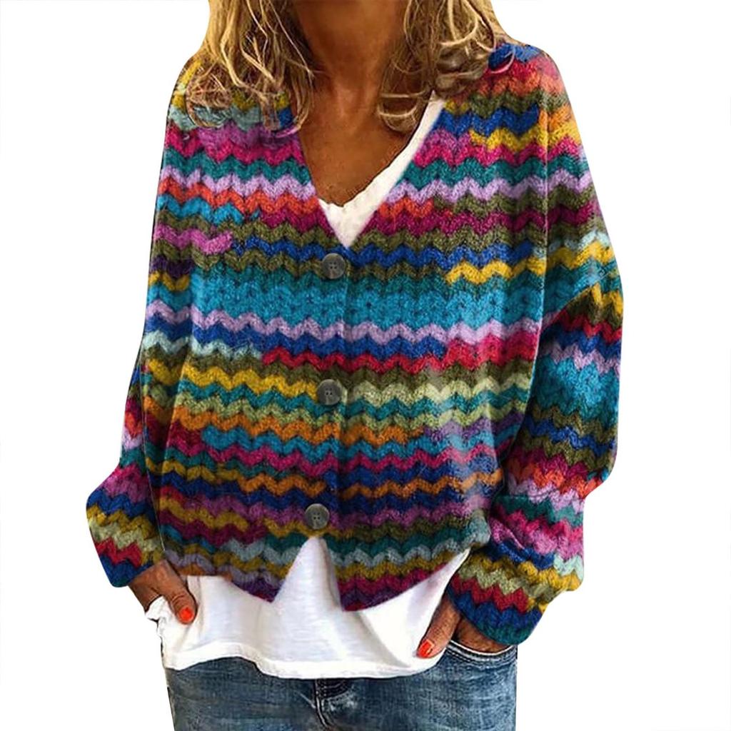 YNN-VK01 V-Neck Printed Cardigan Sweater with 3 Buttons - New Arrival