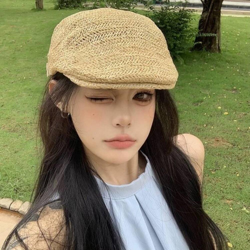Flat Straw Beret Vacation Painter Beret Breathable Straw Newsboy Cap Unisex