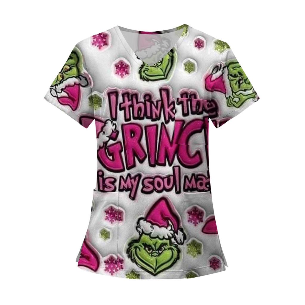 Women's Fashion Printed Short Sleeve V Neck Pattern Tops Pocket Working T-shirts