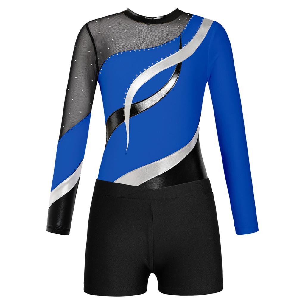 Kids Girls Gymnastics Leotard Glitter Bodysuit Long Sleeve Shiny Rhinestones Decorated Jersey with Shorts Dance Costume