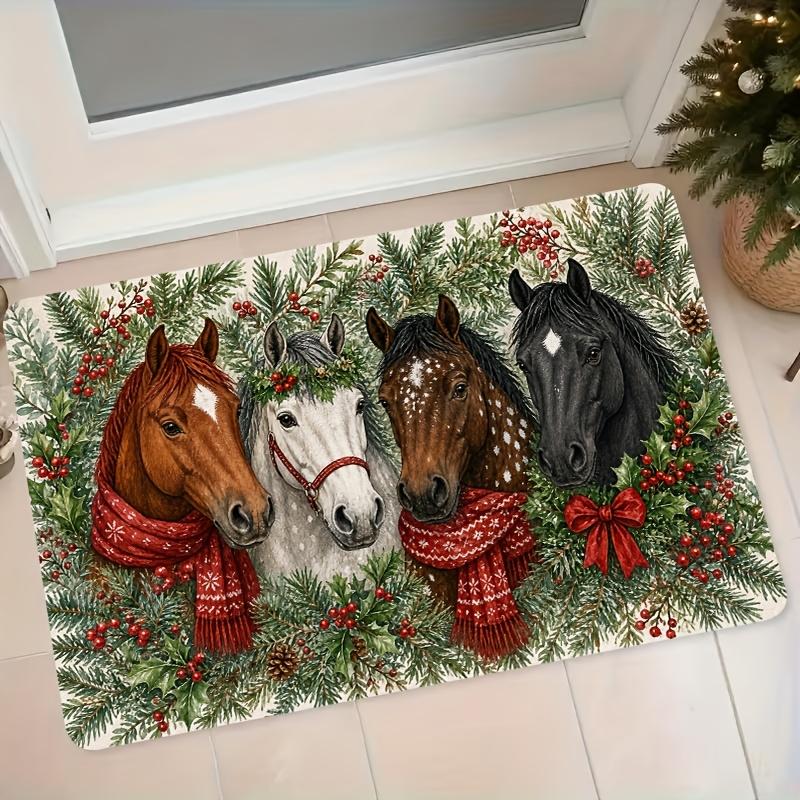 Christmas Four Horses Flannel Doormat, American Vintage Style Entrance Mat for Entryway, Bathroom, Water Absorbent and Non-Slip Mat for Doorway