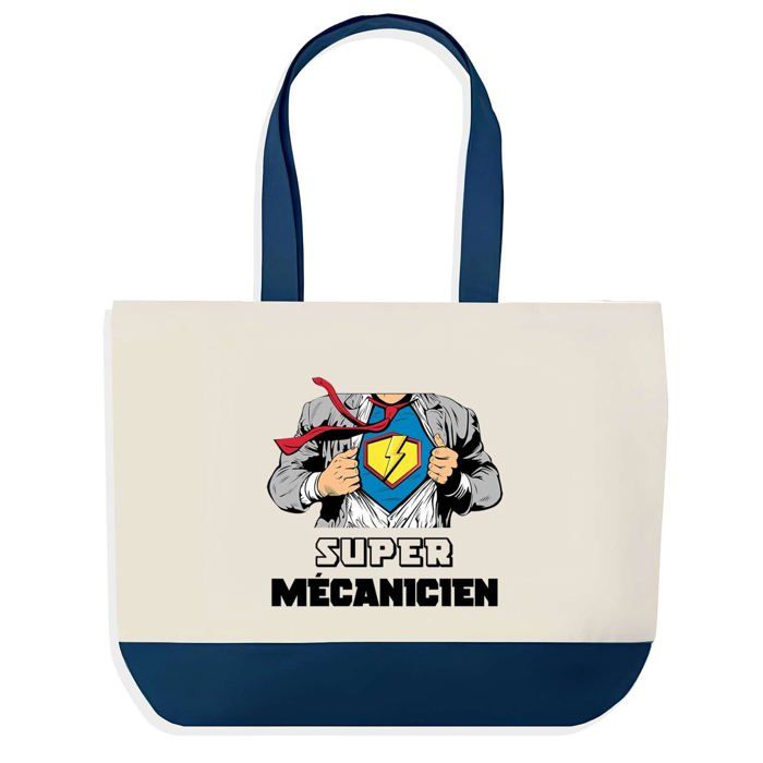 Sac cabas - PLANETEE - Super Mécanicien Collègue Départ Cadeau Anniversaire Noël - Fond bleu design graphique - Coton - 40x45 cm