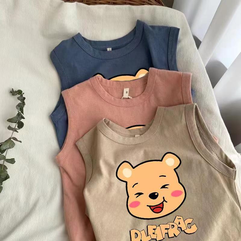 Kids' Summer Sleeveless Cotton Vest and Short Sleeve Cartoon T-Shirt - Fashionable and Cute Print