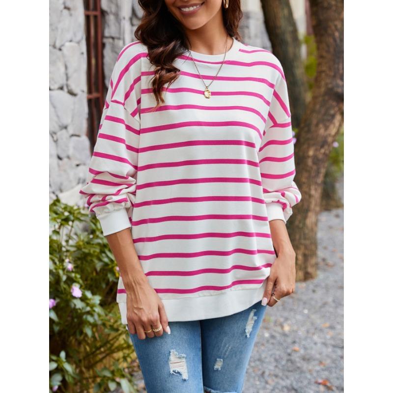 Женская осенняя свободная повседневная толстовка с длинным рукавом в полоску большого размера