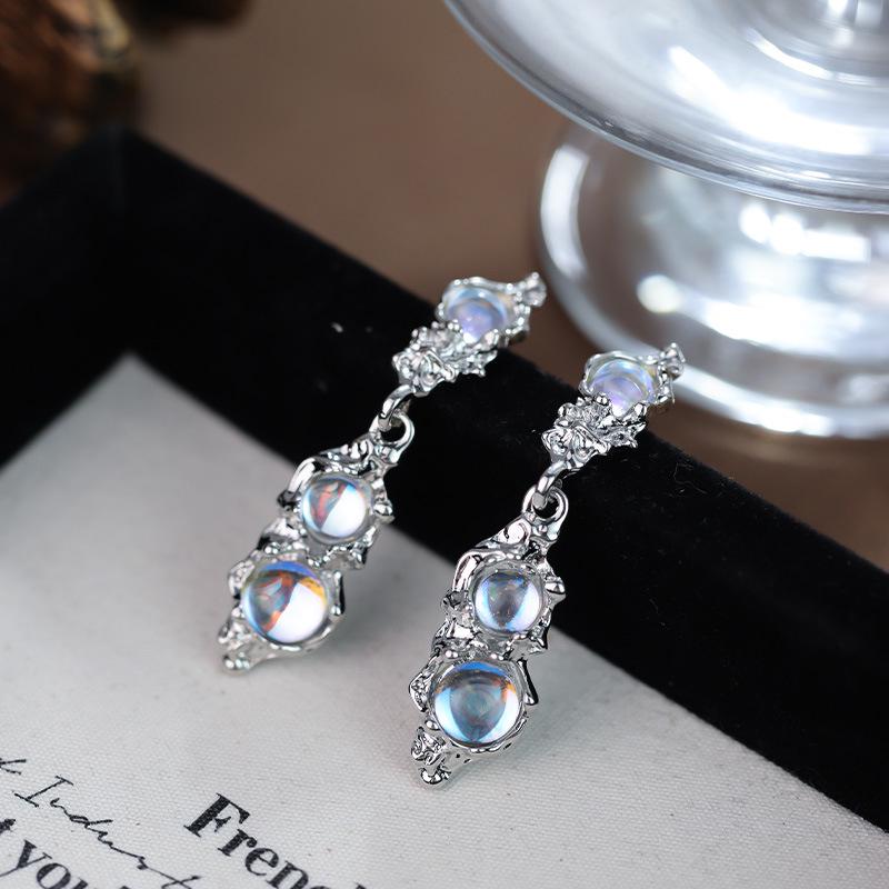 Женские модные асимметричные серьги-пусеты с лунным камнем и опалом - крутая модная бижутерия с серебряной иглой