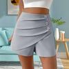 Women Summer Shorts High Waist Asymmetric Pleated Button Decor Solid Color Slim Fit Soft Tummy Control Above Knee Length Mini Shorts