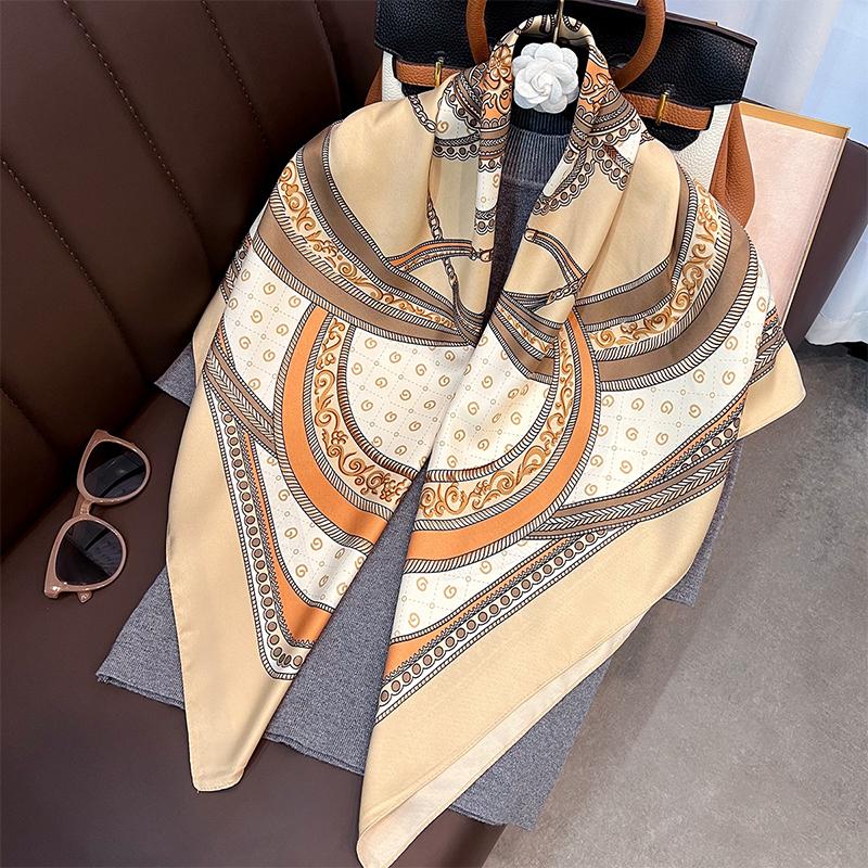 New Print Silk Satin Muslim Scarf Luxury 90cm Shawl Wrap Neckerchief Female Wraps Echarpe Bandana Hijab Head Scarve Gift