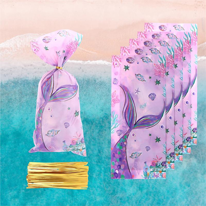 50Pcs Mermaid Party Candy Bags Biscuit Packing Bag Mermaid Birthday Gift Bag