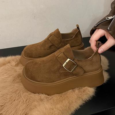 Мода Женская Мода Толстая Подошва Одинарная Обувь Весна Новая Круглый Носок Замша Металлическая Пряжка Противоскользящие Износостойкие Балетки