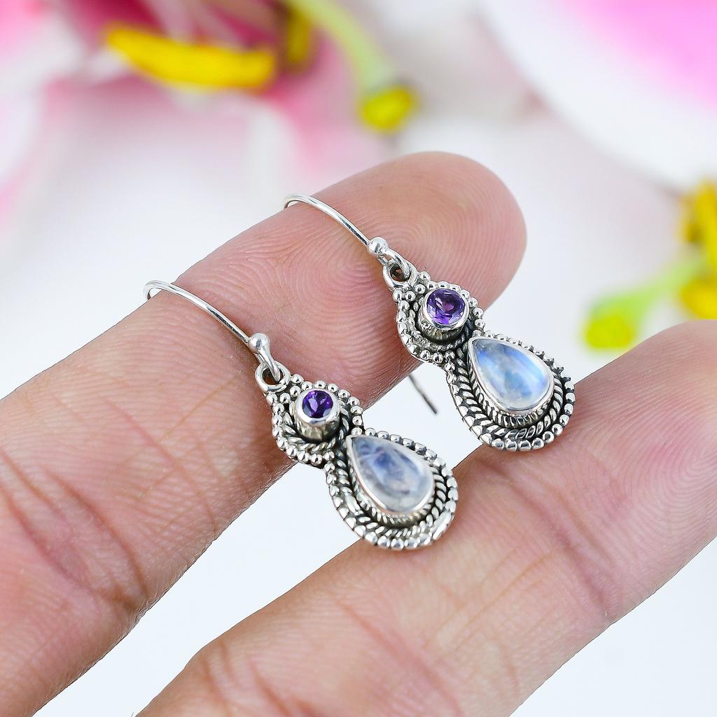 Natural Rainbow Moonstone, Amethyst 925 Solid Sterling Silver Earring 1.5" N1i42