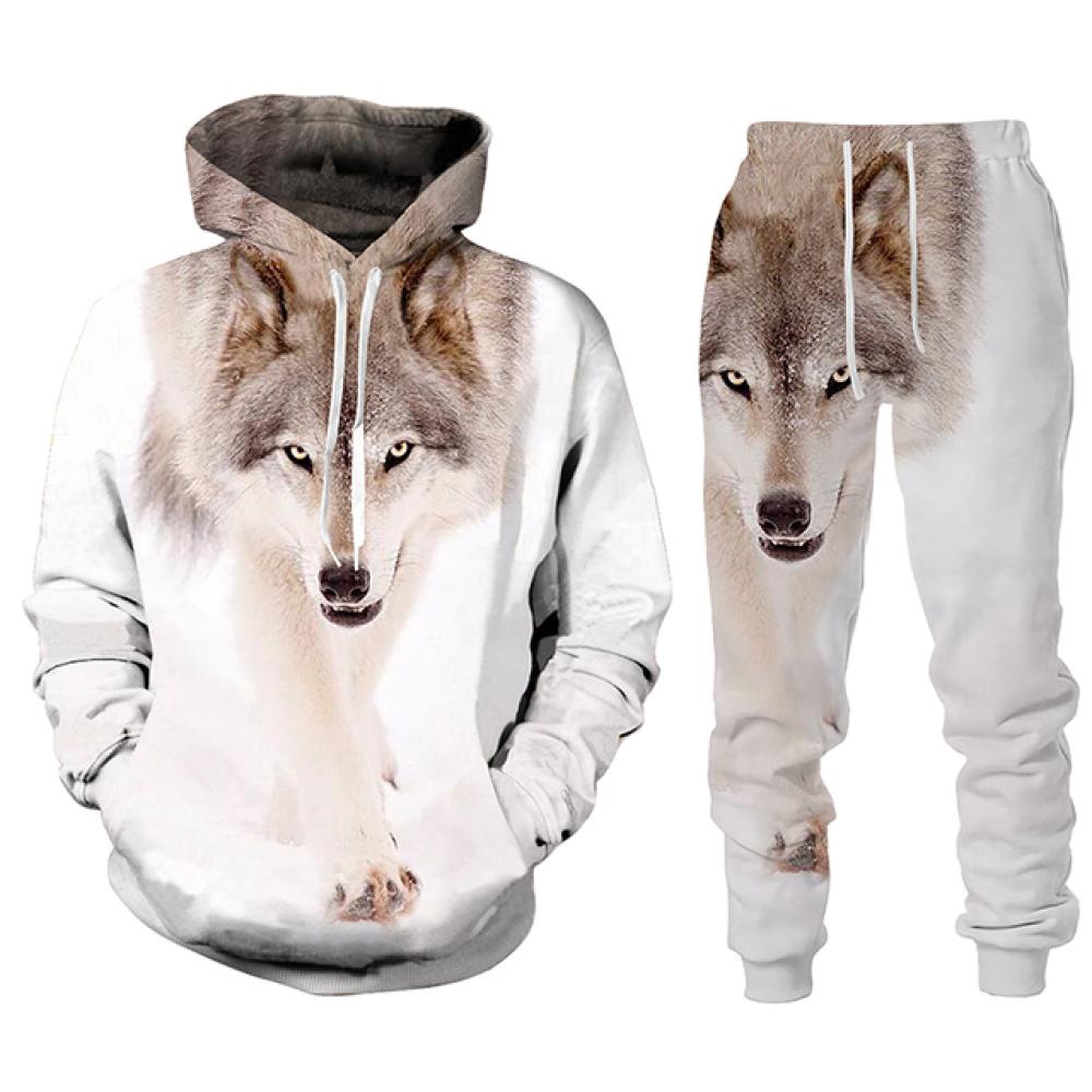 Модная уличная одежда, мужские комплекты, спортивные костюмы, новые мужские толстовки с принтом волка и спортивные штаны, костюм из двух предметов, повседневная мужская одежда с капюшоном