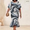 Women Plus Size Two Piece Set Round Neck Batwing Sleeve Printed Ruffle Hem Top Fishtail Skirt Dark Green Black