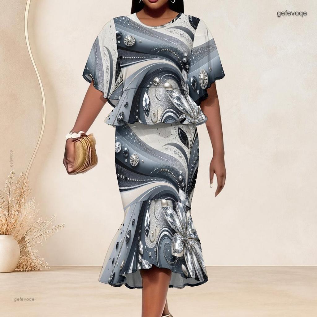 Women Plus Size Two Piece Set Round Neck Batwing Sleeve Printed Ruffle Hem Top Fishtail Skirt Dark Green Black