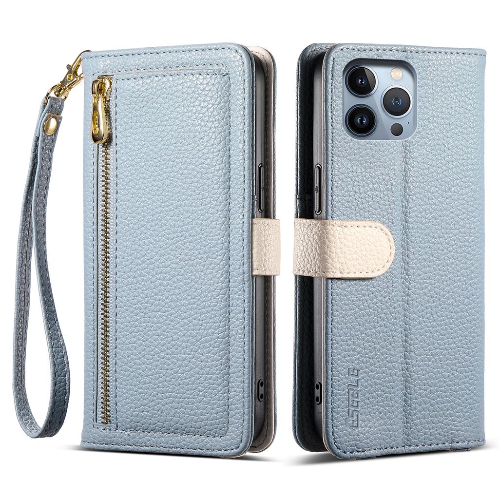 ESEBLE E11 For iPhone 15 Pro Max Case Zipper Pocket Litchi Texture Leather Phone Cover with Mirror and Wrist Strap