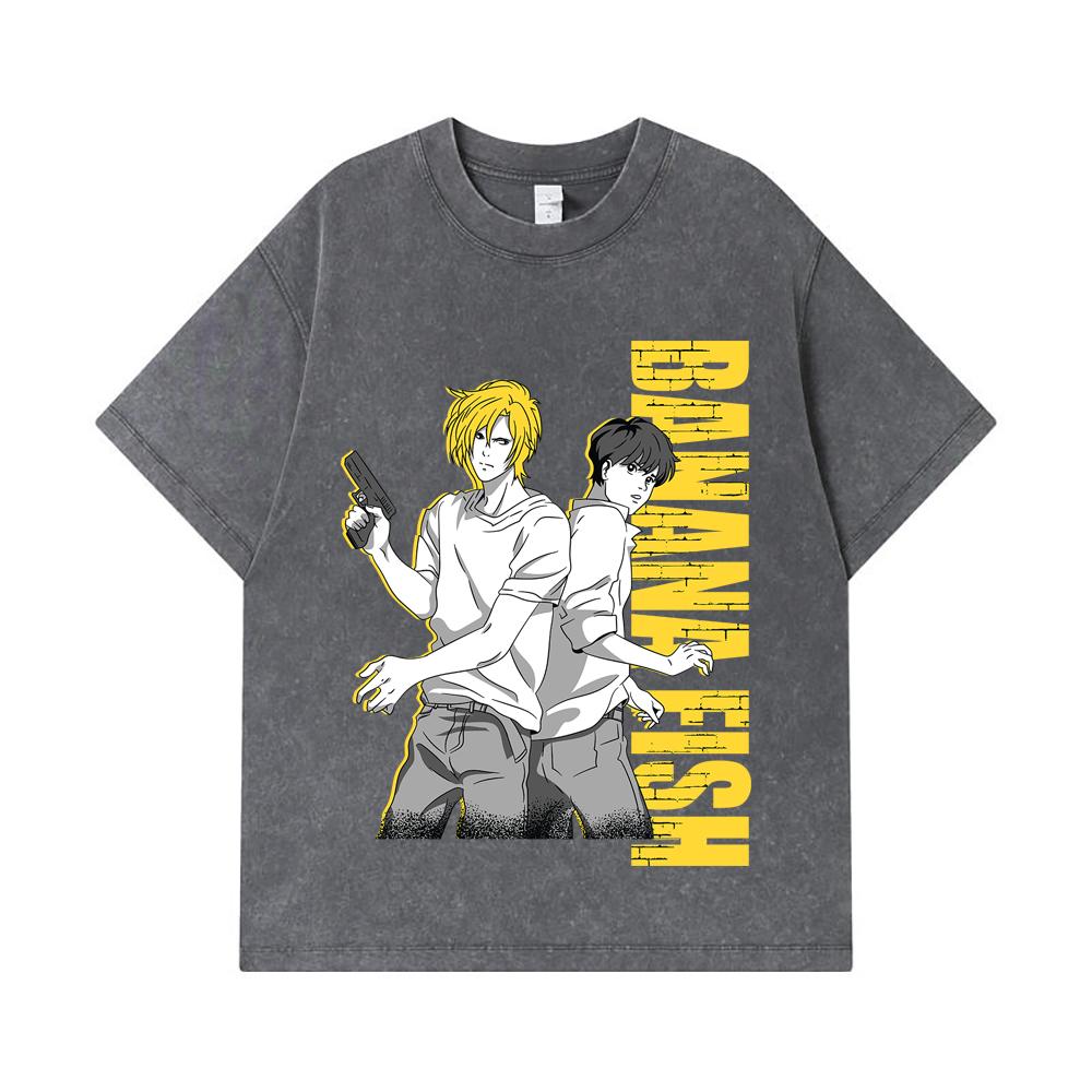 Стиранные футболки 275 г/м² 100% Хлопок Печать Banana Fish V1 Унисекс Тяжелая хлопковая футболка