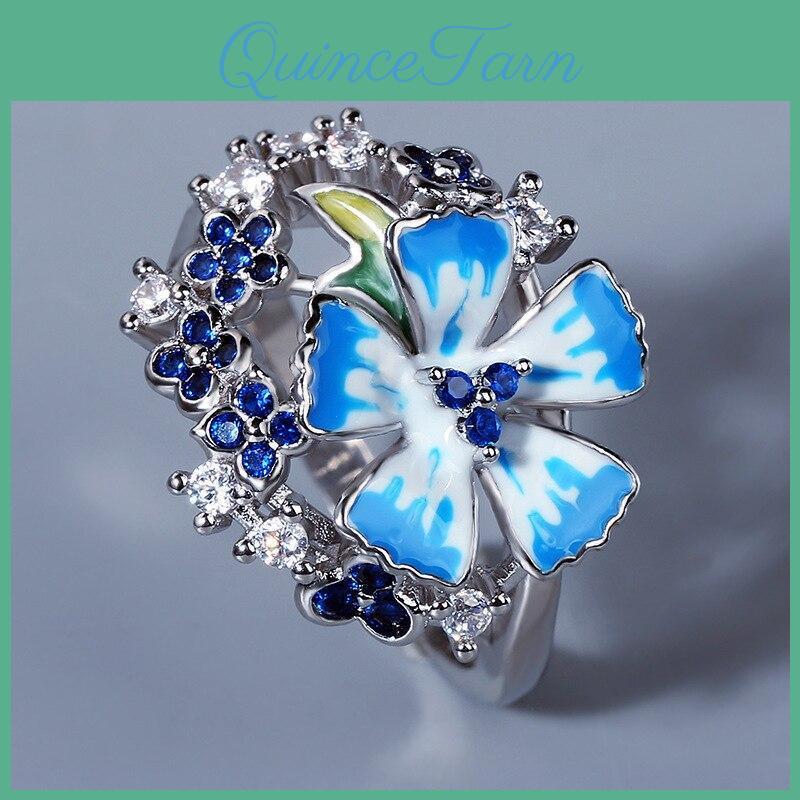 For Women Ring Classic Blue Flower Ring Ethnic Style Handmade Enamel Ladies Jewelry Attending Party Wedding Rings