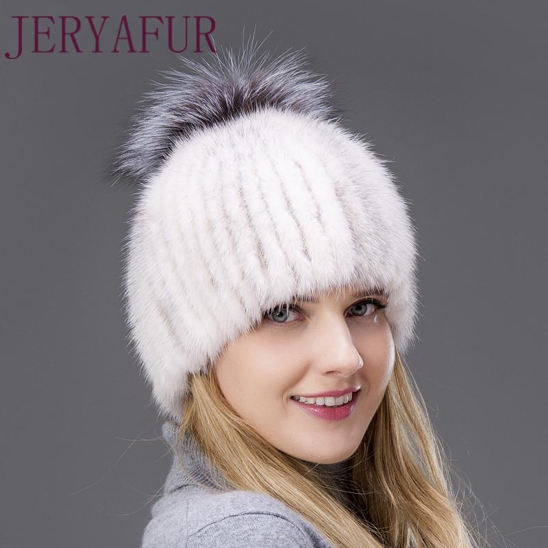 JERYAFUR Модная зимняя шапка, теплая женская вязаная шапка, норковая шапка с вертикальным тканым лисьим помпоном, лыжная шапка