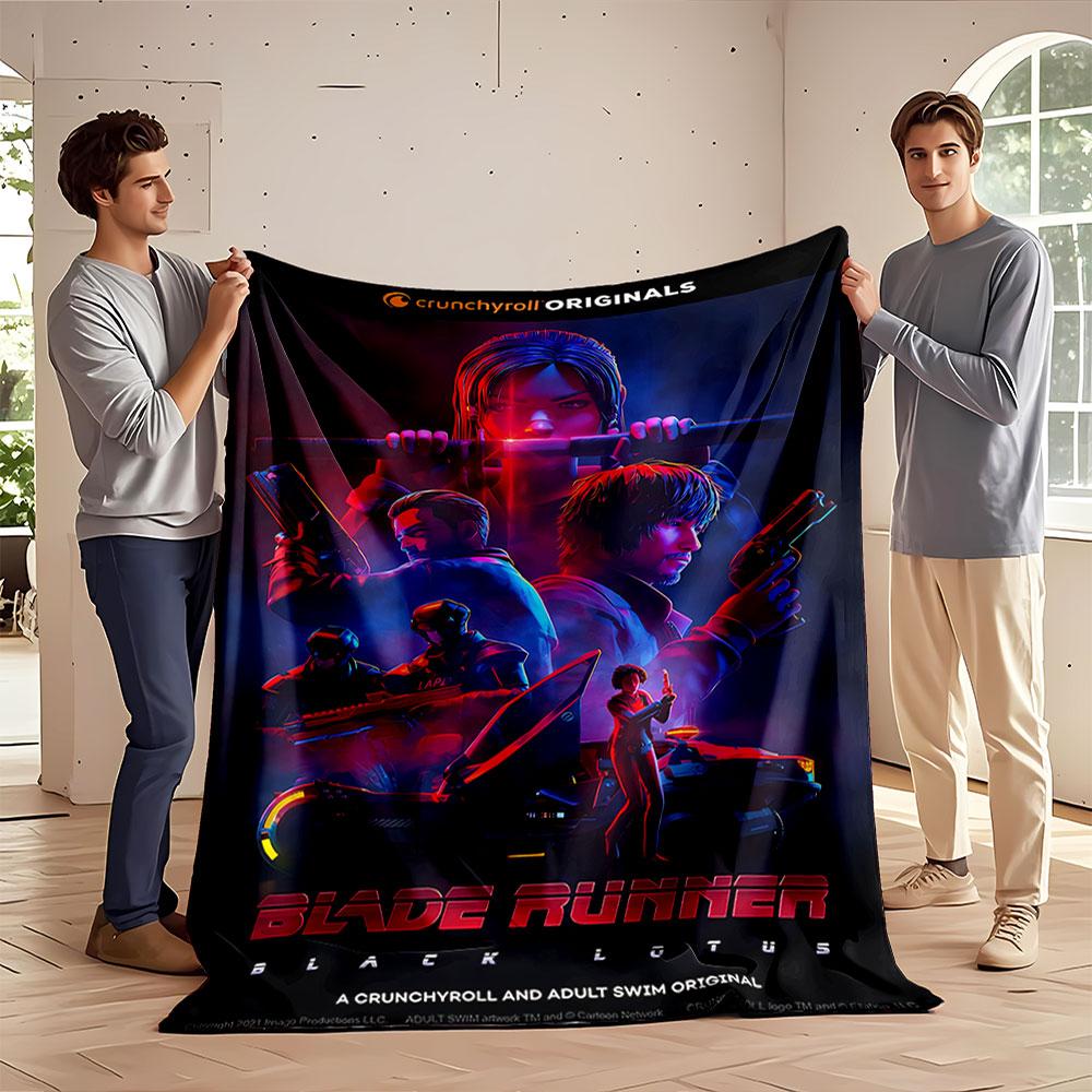 Futuristic characters with weapons amid a neon-lit, sci-fi setting. for all seasons blanket lunch break throw gift